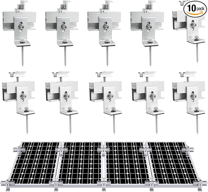 10PCS Solar Panel Mounting Brackets Solar Panel Mount for 1-4PCS Thickness 1.4” Solar Panels Solar Panel Brackets with 10x 6 Mini Rails 4X Water Drain Clips for ShingleSlateMetal and Tin Roof