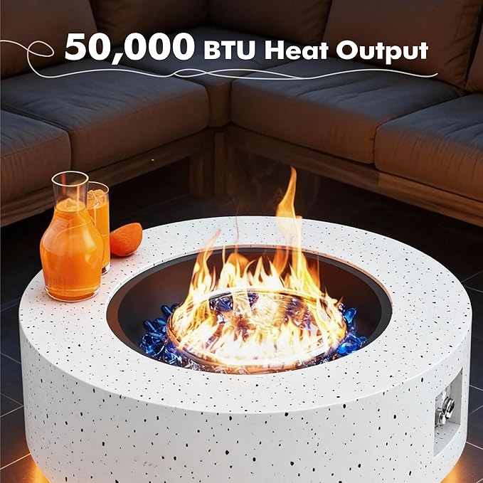 30 Round Propane Fire Pit Table - 50K BTU with Lid Rocks Tank Storage and Cover - Round Gas Fire Pits for Outside Patio - Outdoor Table with Firepit (White/Golden Light 30 Round)