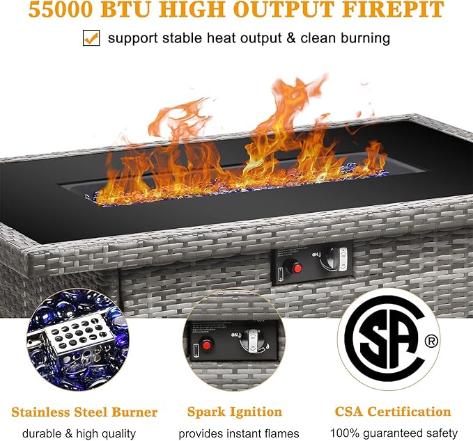 LayinSun 44 Propane Gas Fire Pit Table 55000 BTU Rectangular Fire Pit with Glass Wind Guard for Outside Patio Deck Garden Backyard