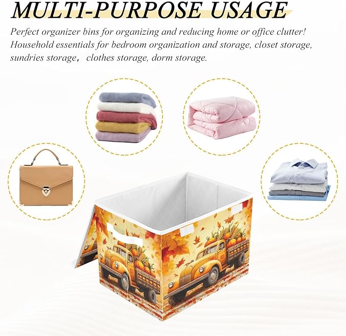 Collapsible Storage Bins with Lids Decorative Fabric Storage Cubes Closet Organizer and Storage Basket Boxes Containers for Clothes Box Chest Folding Rectangle Fall Thanksgiving Pumpk