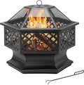 Panovue 28 Inch Hexagonal Fire PitWood Burning Firepits for Outside with Spark Screen&ampPokerMetal Hex-Shaped Outdoor Fire Pit for OutsideBackyardBonfirePatioGardenPicnic and Camping（Black）
