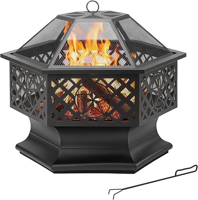 Panovue 28 Inch Hexagonal Fire PitWood Burning Firepits for Outside with Spark Screen&ampPokerMetal Hex-Shaped Outdoor Fire Pit for OutsideBackyardBonfirePatioGardenPicnic and Camping（Black）