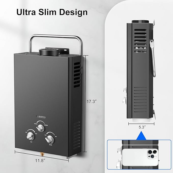 6L Portable Natural Gas 1.58GPM Instant Hot Shower for Camping/RV 40K BTU Tankless Water Heater(White)