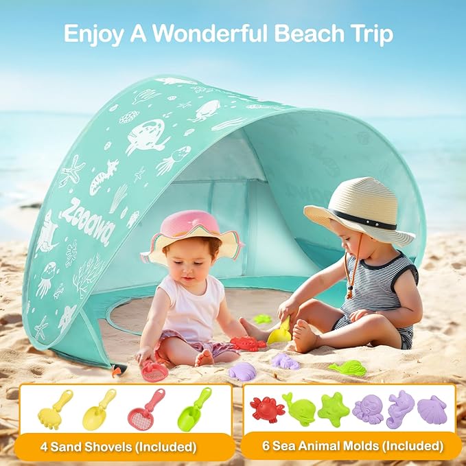 Zooawa Baby Beach Tent Pop Up Beach Tent Sun Shade for Beach Portable Shade Pool UV Protection Sun Shelter for Infant with Beach Sand Toys Set