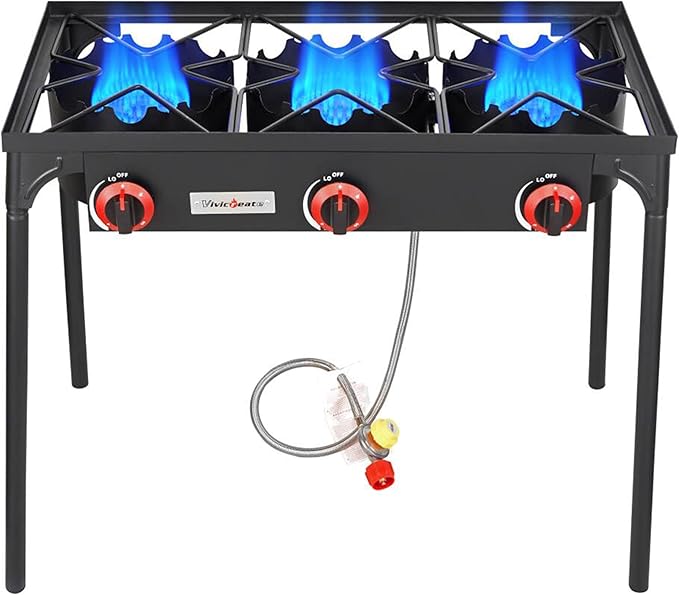 Vivicreate 3 Burner High pressure Propane Stove 28 Inch Tall Camping Stove with cast iron burner 105000 BTU power Stable Legs for Outdoor Use
