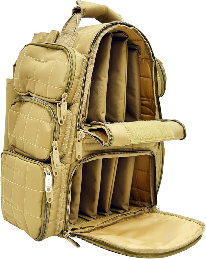 Backpack + Range Bag with Large Padded Deluxe Tactical Divider and 9 Clip Mag Holder - Rangemaster Gear Bag Explorer Tan
