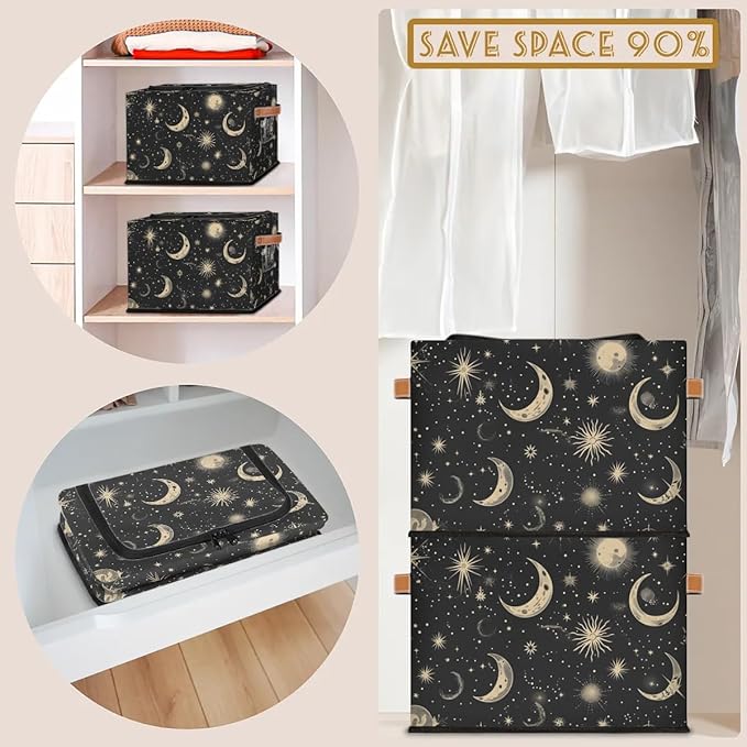 Black Moon Storage Bins with Zipper Lid 2pcs Stackable Storage Baskets Boxes with Metal Frame Closet Storage Cube Bin Organizer with PU Handles Clothes Storage Bag