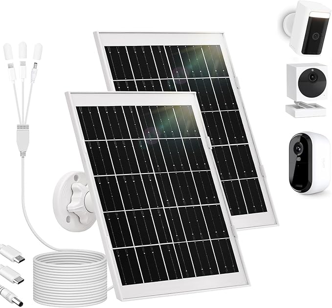 2 Pack 8w Solar Panel for Wyze &amp Arlo Essential Camera Compatible with Most Low-Power Wireless Cameras Solar Charger with 10ft Cable + Adjustable Mount IP65 Waterproof