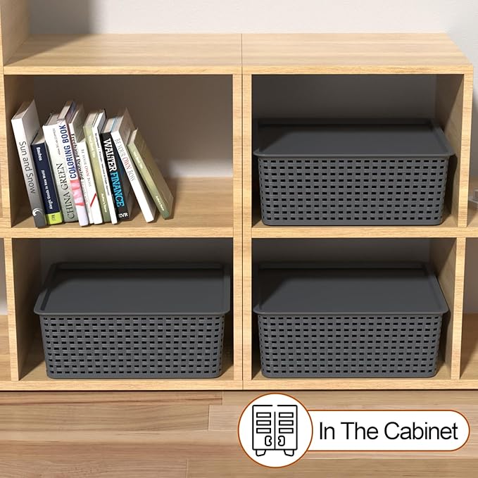 6-Pack Medium Plastic Storage Baskets Bins with Lid Lidded Storage Organizer Bins for Cabinets Countertop Shelves Gray