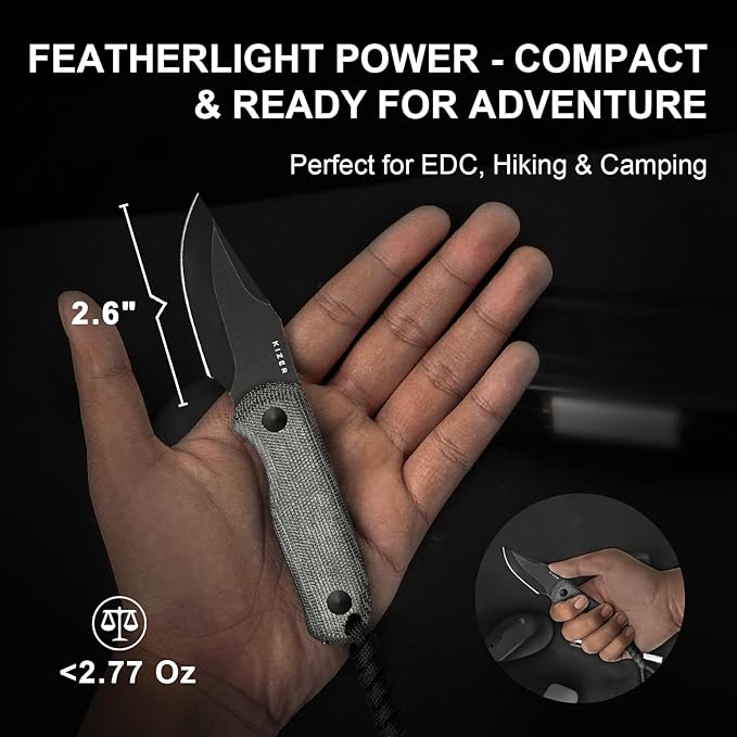 Kizer Drop Bear Fixed Blade Knife 2.6 AEB-L Black Stonewash Blade EDC Camping Knife with Black Micarta Handle &amp Hidden Tools Full Tang Hunting Survival Knives with Adjustable Kydex Sheath 1092