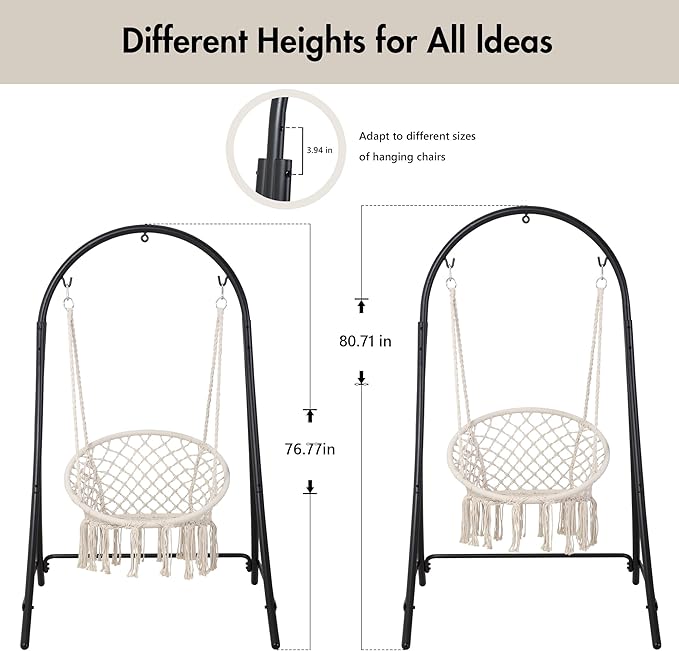 ANOW Adjustable Hammock Chair Swing Stand Only Heavy Duty Hanging Chair Stand with Safety Hooks for Indoors Outdoors Max 400 Lbs Plus Size Version Black