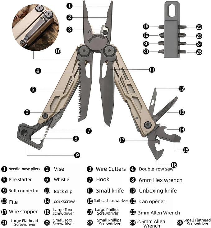 Multitool 25-in-1 Full-Size Lightweight EDC Camping Knives &amp Tools Multi-Purpose Pliers Folding Knife Outdoor Survival Gear Men Gift Ideas Gifts for Hunters Men who have Everything (Silver