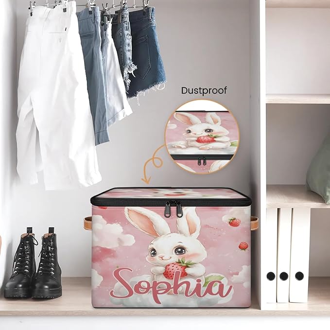 Custom Storage Basket with Name Personalized Storage Bins with Zipper Lid Foldable Fabric Storage Box Large capacity with Handle Clouds Rabbit Strawberry
