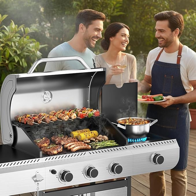3-Burner Propane Gas Grill with Side Burner 34000 BTU Stainless Steel BBQ Grill – Heavy-Duty Porcelain-Enameled Grates for Patio and Outdoor Cooking