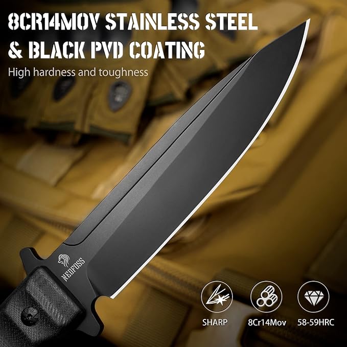 NedFoss BLACK PHOENIX Hunting Knife with Holster 5.5 8Cr14Mov Survival Fixed Blade Knife G10 Handle Bushcraft &amp Camping Gifts for Men