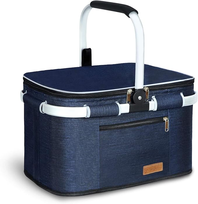 LIQING 35L Large Picnic Basket 2 Layers of Internal Pockets Leak-Proof and Insulated Folding with Internal Support for enhansed Stability Wedding Gifts for Couple(Navy Blue)