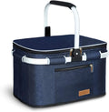 LIQING 35L Large Picnic Basket 2 Layers of Internal Pockets Leak-Proof and Insulated Folding with Internal Support for enhansed Stability Wedding Gifts for Couple(Navy Blue)