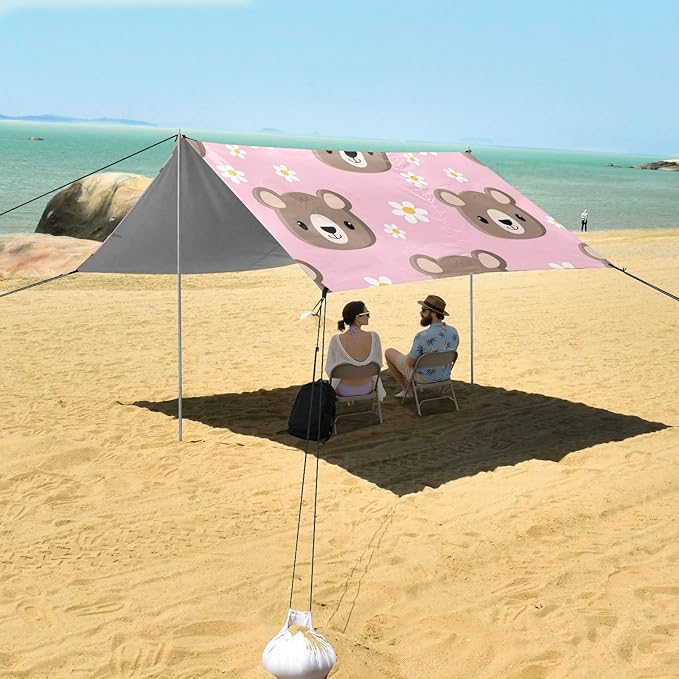 Beach Canopy with Windproof Ropes &amp Sandbags Beach Tent Sun Shade Sun Shelter for Camping Trips Fishing Backyard Fun or Picnics Bear