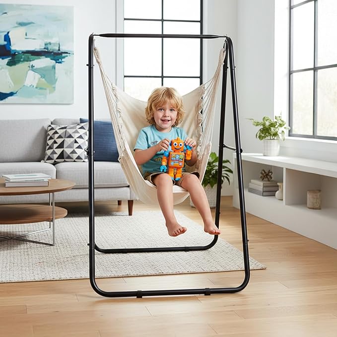 ONCLOUD 600LBS Heavy-Duty Hammock Chair Stand A-Shaped Universal Multi-Use Steel Hanging Chair Stand with Hook Durable Swing Stand for Indoor Outdoor Weather Resistant Support Base Black