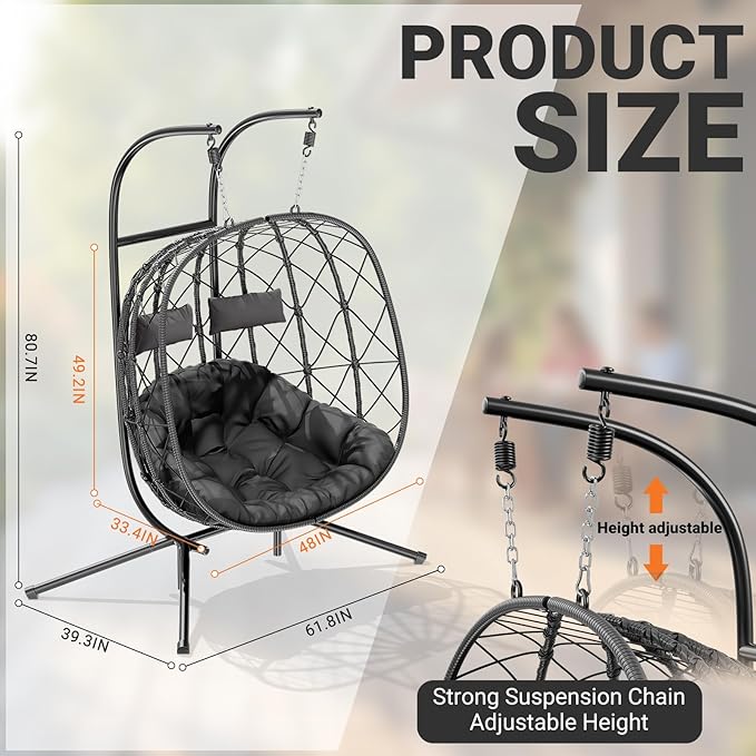 CHABATREE Double Egg Swing Chair with Stand - 2 Person Outdoor Patio Hanging Wicker Hammock Chair with Cushion Dark Grey for Garden Lawn Bedroom Indoor/Outdoor Use