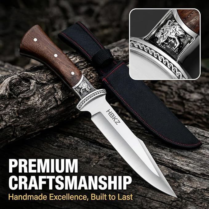 12 Fixed Blade Outdoor Knife with Nylon Sheath 6.3 9Cr18 Stainless Steel Full Tang Hunting Knife Ergonomic Solid Wood Handle with Wolf Head Relief Guard for Camping Survival &amp Fishing