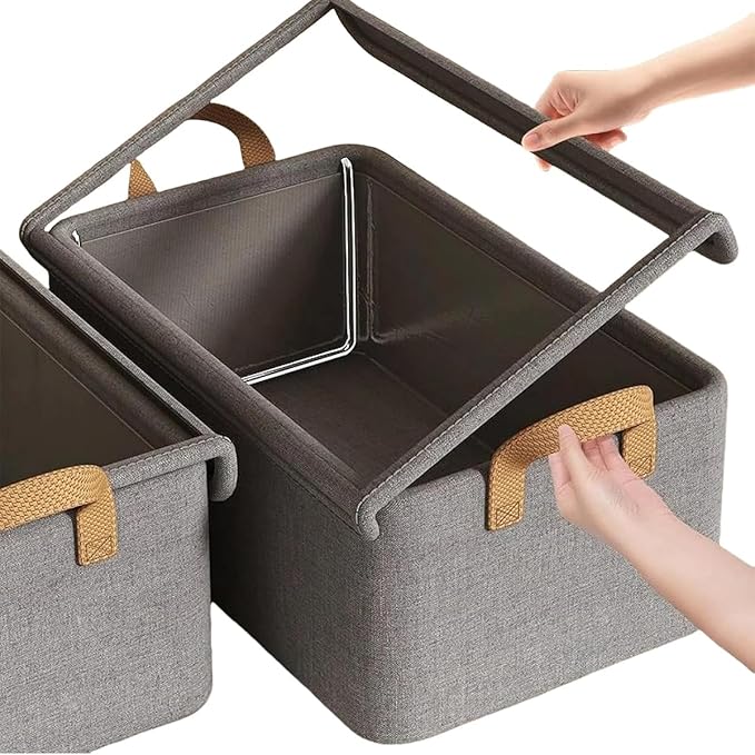 4PCS Foldable Storage Box with Lid - Extra Large Fabric Closet Organizer for Clothes 18.5x11x7.9 Inch Canvas Bin Collapsible Design for Bedroom Shelf Closet Underbed (Grey)