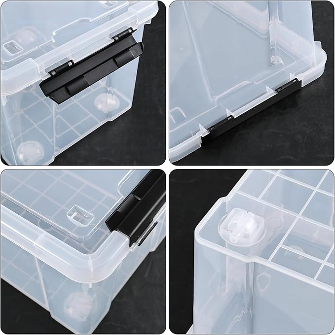 4 Pack 23 L Plastic Latching Storage Box with Wheels Stackable Container Bin for Holiday Decorations and Accessories Clear