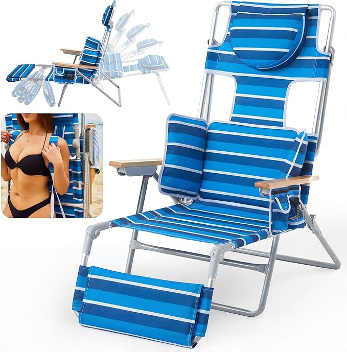 Backpack Beach Chair for Adults with 5-Position Footrest Double Shoulder Straps Folding Tanning Chair with Face &amp Arm HoleSunbathing Lounge Chair for Pool Beach Lawn (Navy)