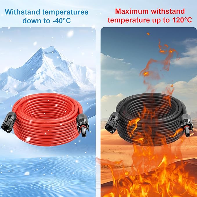 MOOKEERF Solar Panel Extension Cable - 12AWG 50FT Solar Wire with Female &amp Male Waterproof Connector PV Wire for RV Photovoltaic Systems Home Boat Solar Panels Car(50FT Red + 50FT Black)