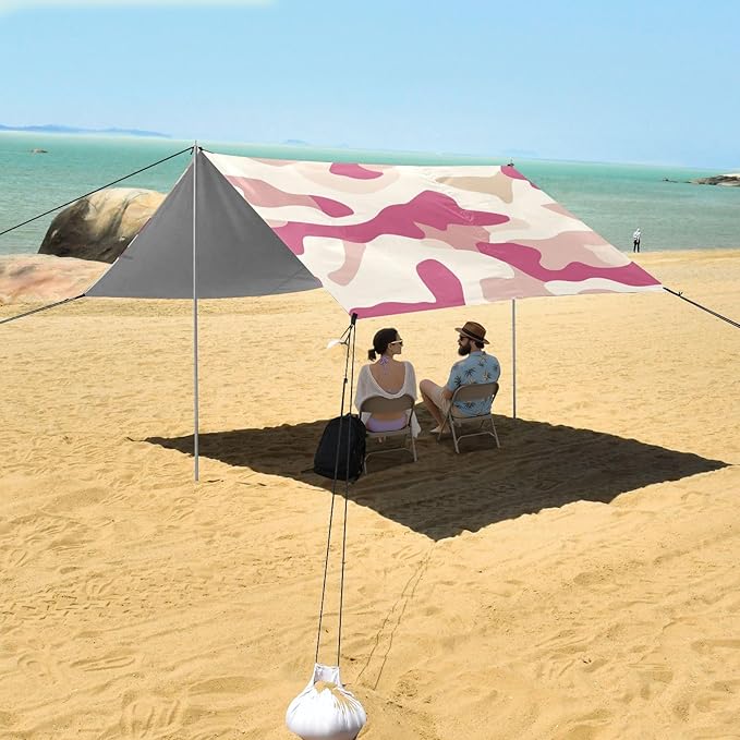 Cream Foldable Beach Cabana UPF50 Water-Resistant Shade Sun Shelter with Sandbags &amp Sand Shovel for Camping Picnics Backyard &amp Fishing