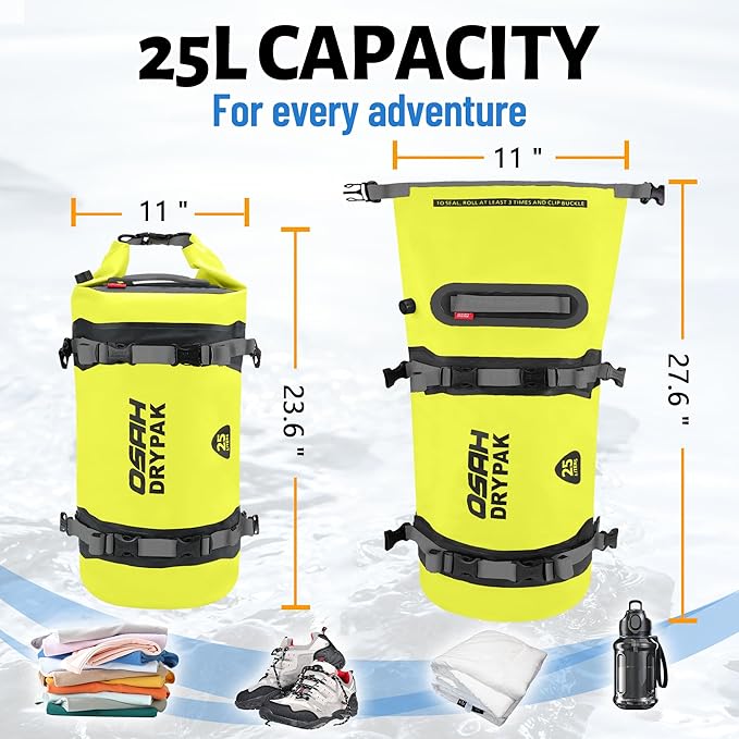 OSAH DRYPAK 25L Waterproof Dry Bag - Motorcycle Luggage Tail Bag with Straps for Back Seat Roll Top Lightweight Waterproof Backpack Sack for Travel Swimming Boating Kayaking Camping and Beach