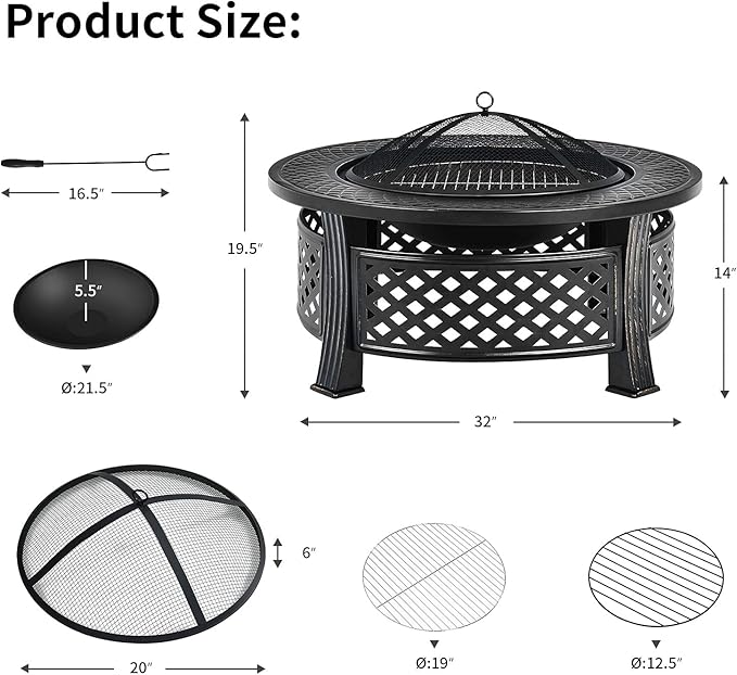 Giantex 3 in 1 Fire Pit 32 Outdoor Wood Burning Fire Pit Multifunctional Round Firepit Stove Metal Fire Bowl with Cover Portable Fire Pits for Outside Heating Bonfire Picnic Grill