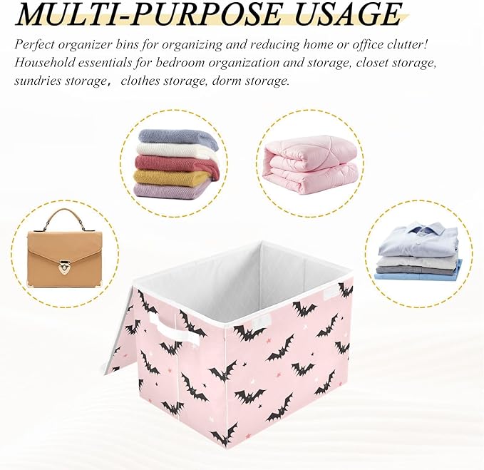 Halloween Bats Pink Lidded Home Storage Bins Closet Storage Bins Foldable Oxford Fabric Storage Box for Home Bedroom Closet Office (16.5x12.6x11.8 in)