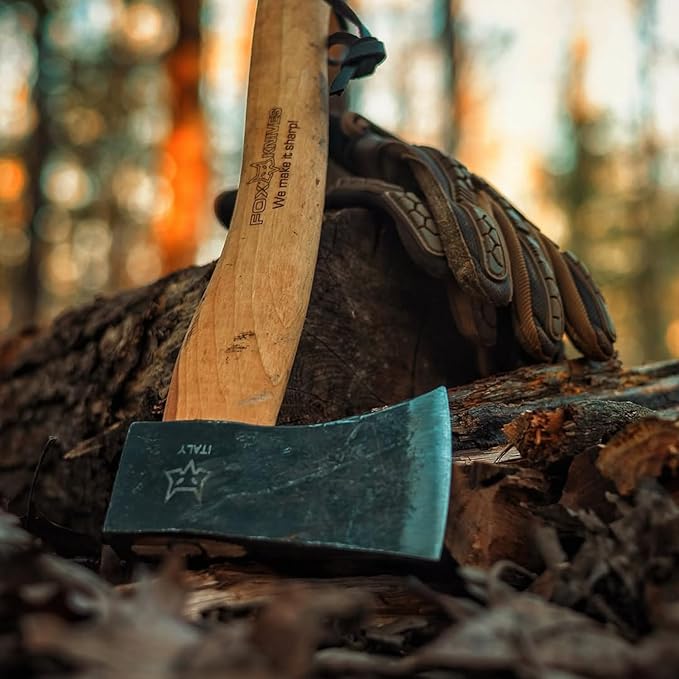 Fox Knives Yankee Axe FX-FA700 Carbon Steel Blade Hickory Wood Handle Leather Sheath Lightweight Outdoor Camping Axe Woodsman Ax Hatchet Bushcraft Survival