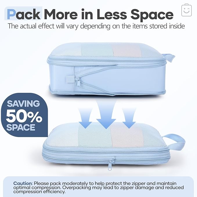 Veken 11 Set Compression Packing Cubes for Travel EssentialsCompressible Expandable Large Luggage Suitcase Organizer Bags for ClothingDurable Space Saver Storage Bags with Toiletry Bags(Light Blue)