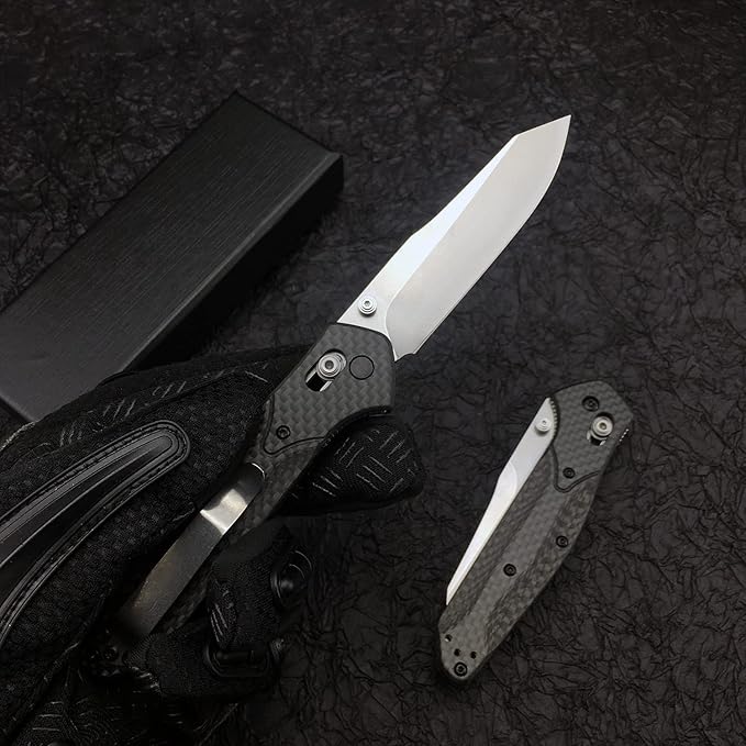 HUAAO 7.7in EDC Pocket Knife 3.6in Reverse Tanto Blade with Thumb Stud Plain Edge D2 Steel Black Carbon Fiber Handle with Belt Clip Mechanism for Outdoor Camping