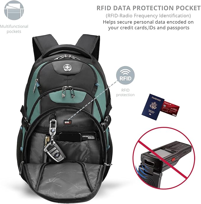 Swissdigital Design Laptop Backpack with USB Charging Port Travel Backpack Fits 15.6 inches Computer 31L College School Backpack for Men Lake Green/Black | SD803-27