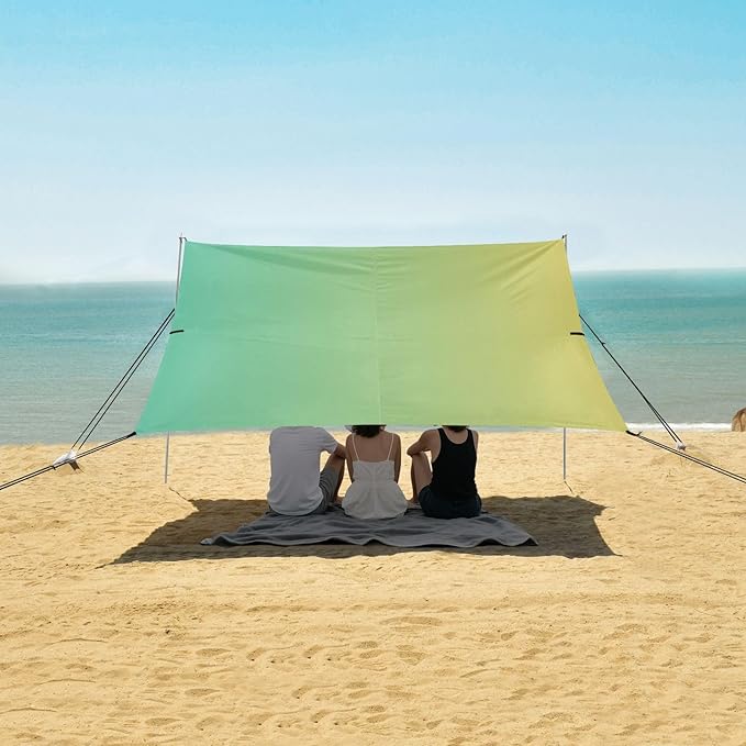 Turquoise Yellow Gradient Stable Beach Tent UPF50+ Water-Resistant Sun Shelter with Sturdy Poles Sandbags and Shovel for Camping Picnics Backyard