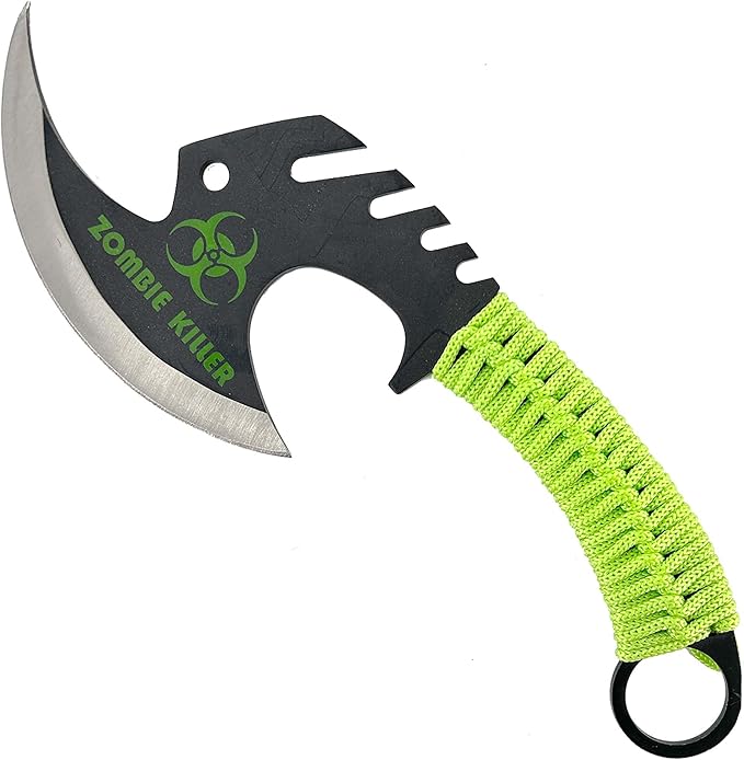 MedievalDepot Zed Skullsplitter Throwing Axe – 11 Full Tang Metal Blade with Nylon Cord Grip Sheath Included – Outdoor Throwing Practice &amp Collection (Green)