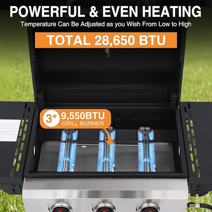 Propane Gas Grill with Folding Side Tables 3-Burner Gas Grill with Cast Iron Grates and Stainless Steel Griddle Pan Outdoor BBQ Grill Portable with Wheels 30000 BTU Output