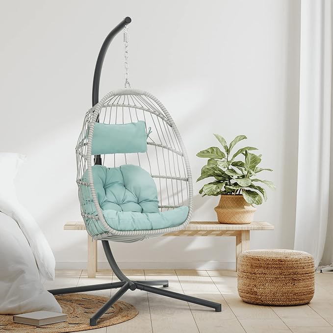 Egg Hanging Chair with Stand Hammock Egg Chair Indoor Outdoor Wicker Rattan Hanging Swing Chair Basket Egg Chair Aluminum Steel Frame and UV Resistant Cushion for Bedroom Garden Backyard Light Blue