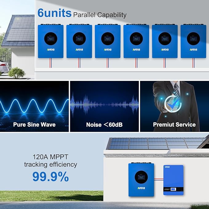 6000W Hybrid Solar Inverter 48V DC to 120V AC Pure Sine Wave Built-in 120A MPPT Controller 99.9% Efficiency Solar &amp Generator Input Dustproof for Home Backup RV Off-Grid