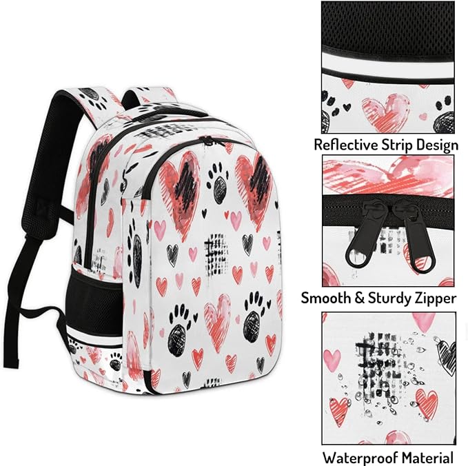 QsirBC Hand Painted Love Grid Skull Multi Compartment Backpack with Reflective Strips Adjustable Padded Straps Large Capacity Waterproof Duffel Bag for Men Women Work and Daily Use