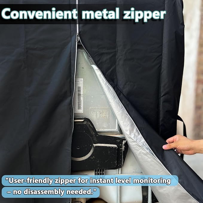 IBC Tote Cover 275 Gallon 1000L Water Tank Cover Side Windproof Hook and Loop Fastener 420D Tear-resistant Oxford Cloth with Reflective Zipper Design (Black)