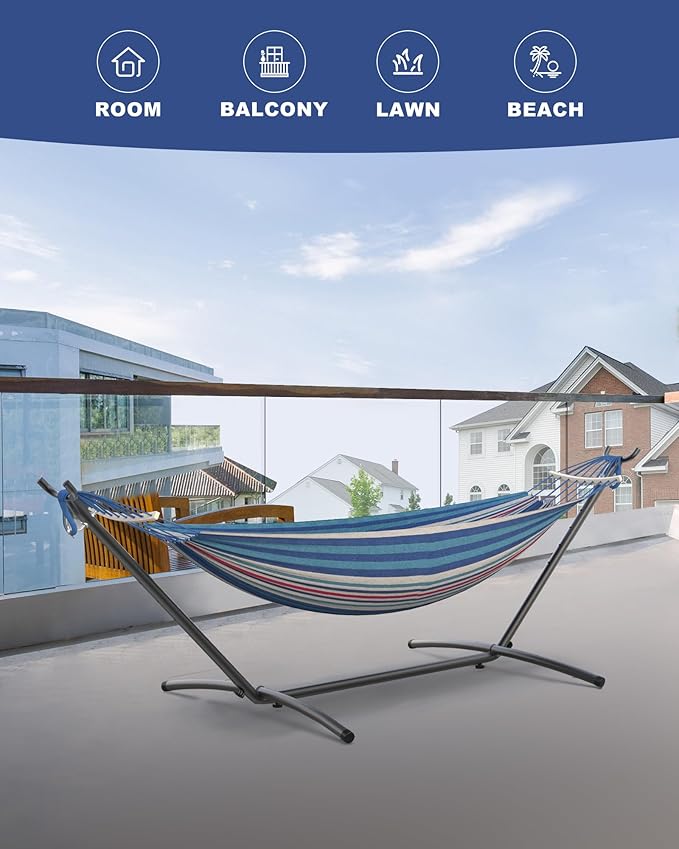 EveryFun Double Hammock with Heavy-Duty Steel StandPortableEasy Assembly600lbs Weight CapacitySuit for IndoorYardCampingor Outdoor-Fine Blue