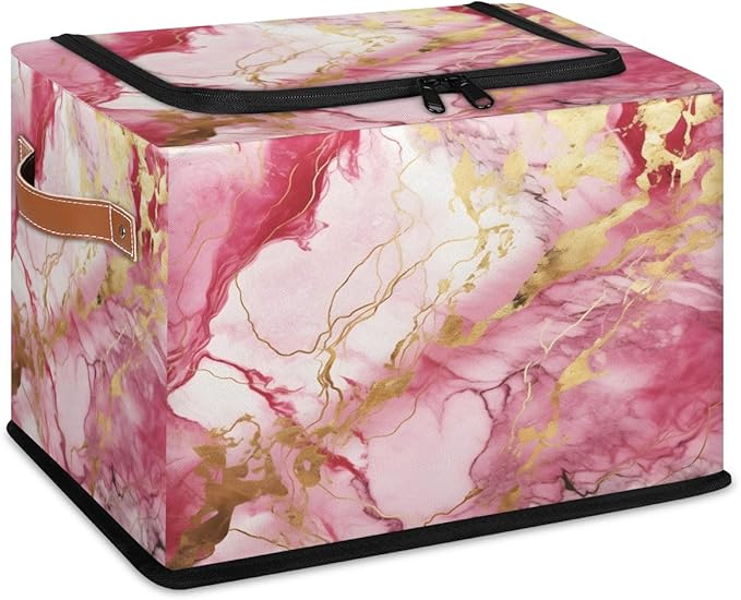 Marble Storage Bins with Zipper Lid Pink Gold Fabric Lidded Storage Baskets Cubes with Handles Decorative Foldable Shelf Closet Organizer Container