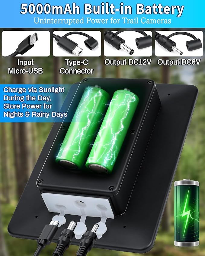 Trail Camera Solar Panel 3W Solar Panel Charger with 5000mAh Battery and 12V/1A 6V/1.5A USB-C &amp DC Port 9.8ft Cable IP65 Waterproof Solar Panel for Trail CameraGame Cameras Hunting Accessory