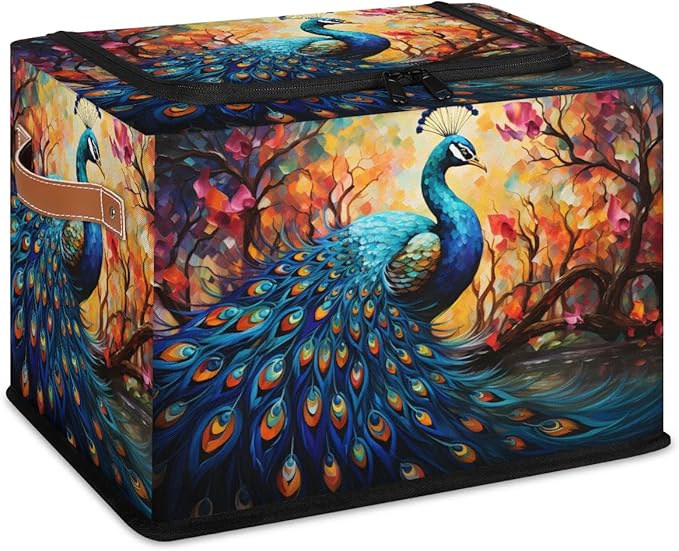 Animal Peacock Storage Bins with Zipper Lid 2pcs Stackable Storage Baskets Boxes with Metal Frame Closet Storage Cube Bin Organizer with PU Handles Clothes Storage Bag