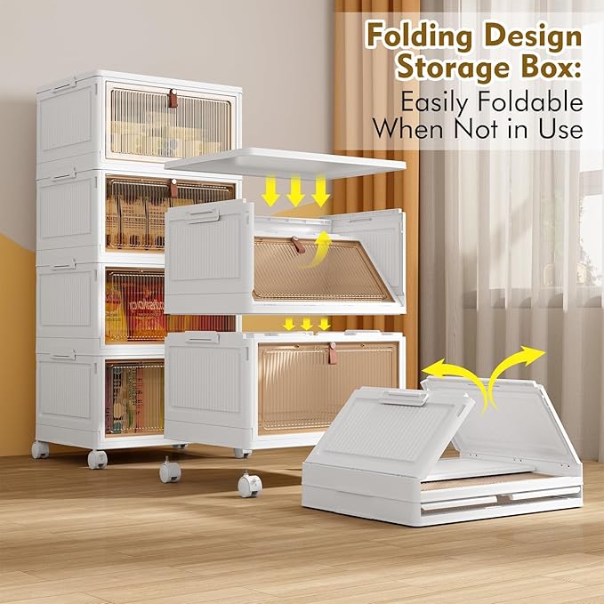 4 Tier Plastic Storage Bins with Lid 28QT - Stackable Wheeled Collapsible Storage Containers for Living Room Office Dorm
