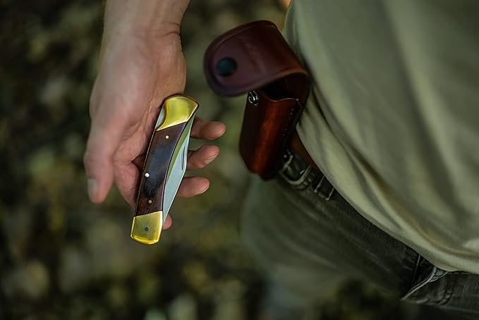 Uncle Henry LB7 Bear Paw Traditional Lockback Pocket Knife with 3.7in Clip Point High Carbon S.S. Blade Wood Handle Brass Bolsters and Leather Belt Sheath for EDC Hunting Camping and Outdoors